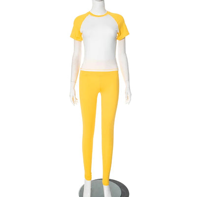 Weird Puss Casual Sporty 2 Piece Set Women Contrast Patchwork Short Sleeve T-Shirts+Skinny Stretch Sweatpants Simple Tracksuits