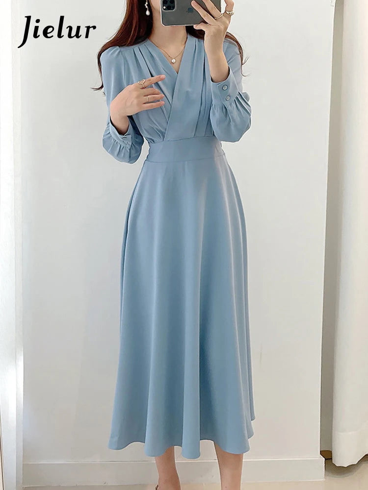Jielur Harajuku V-neck Puff Sleeve A-line Maxi Dress Woman Solid Color Midi Robe Korean Office Dresses Elegant Spring Dress Lady