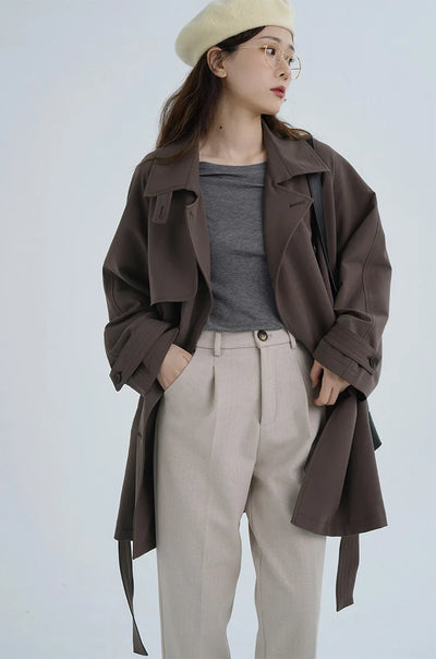 Women Spring Fall Short Trench Coat Korean Style Loose Fit Casual Khaki Jacket Petite-Friendly Versatile and Stylish Outerwear