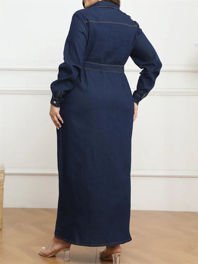 Wmstar Plus Size Denim Dresses for Women Button Solid Long Fashion Elegant Maxi Dress Fall Winter Clothes Wholesale Dropshipping