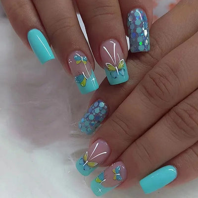 24pcs Square Stick-on Nails Set Goldfish Nail Tips Cheap Nail Seal Summer Beautiful false Nails Wholesale Holiday Press on Nails