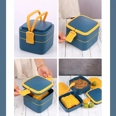 Fashion Morandi Color Portable Double Layered Lunch Box Student Lunchbox Plastic Microwave Preservation