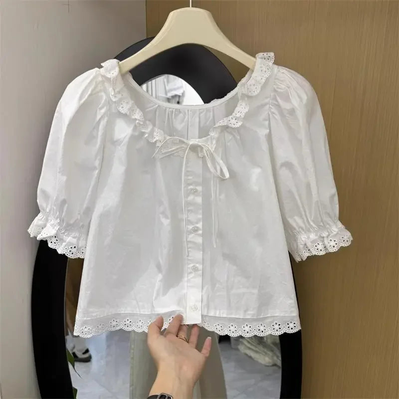 Preppy Style Sweet Short Sleeve Slim Fit Crop Tops Japanese Ruched Shirts Women Y2k Chemises Summer Bandage Bow White Camisa