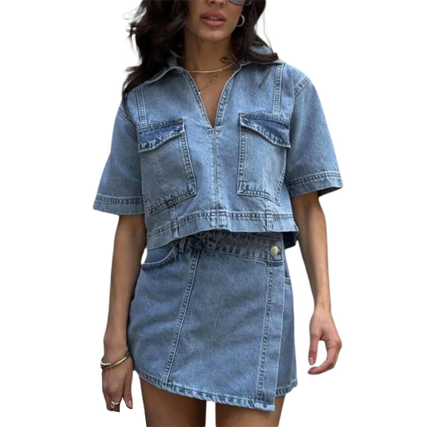 Women’s 2 Piece Denim Outfits Short Sleeve Lapel Jean Tops and Asymmetrical Shorts Set Streetwear