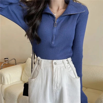 Zip Half Open Collar Knitted Sweater Spring and Autumn Long Sleeve Slim Bottom Shirt Women's Chic Top Pullover Y2k Korean Pulls