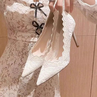 White Wedding Shoes Bridal Shoes Design Sense Niche Lace Pointed Stiletto Heel Shallow French High Heels Female Temperament