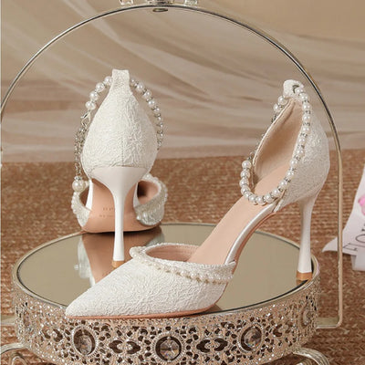 High Heeled Shoes Women's 2025 Summer with A Thin Heel and Pointed Toe A Straight Cut Lace Surface White Pearl Bridal Shoe Women