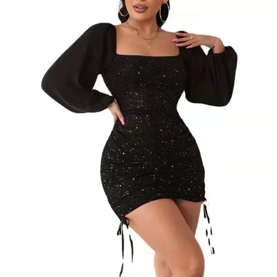 Women Summer Sexy Slim Fit Drawstring Square Collar Dress Long Sleeve High Waist Bodycon Mini Dress