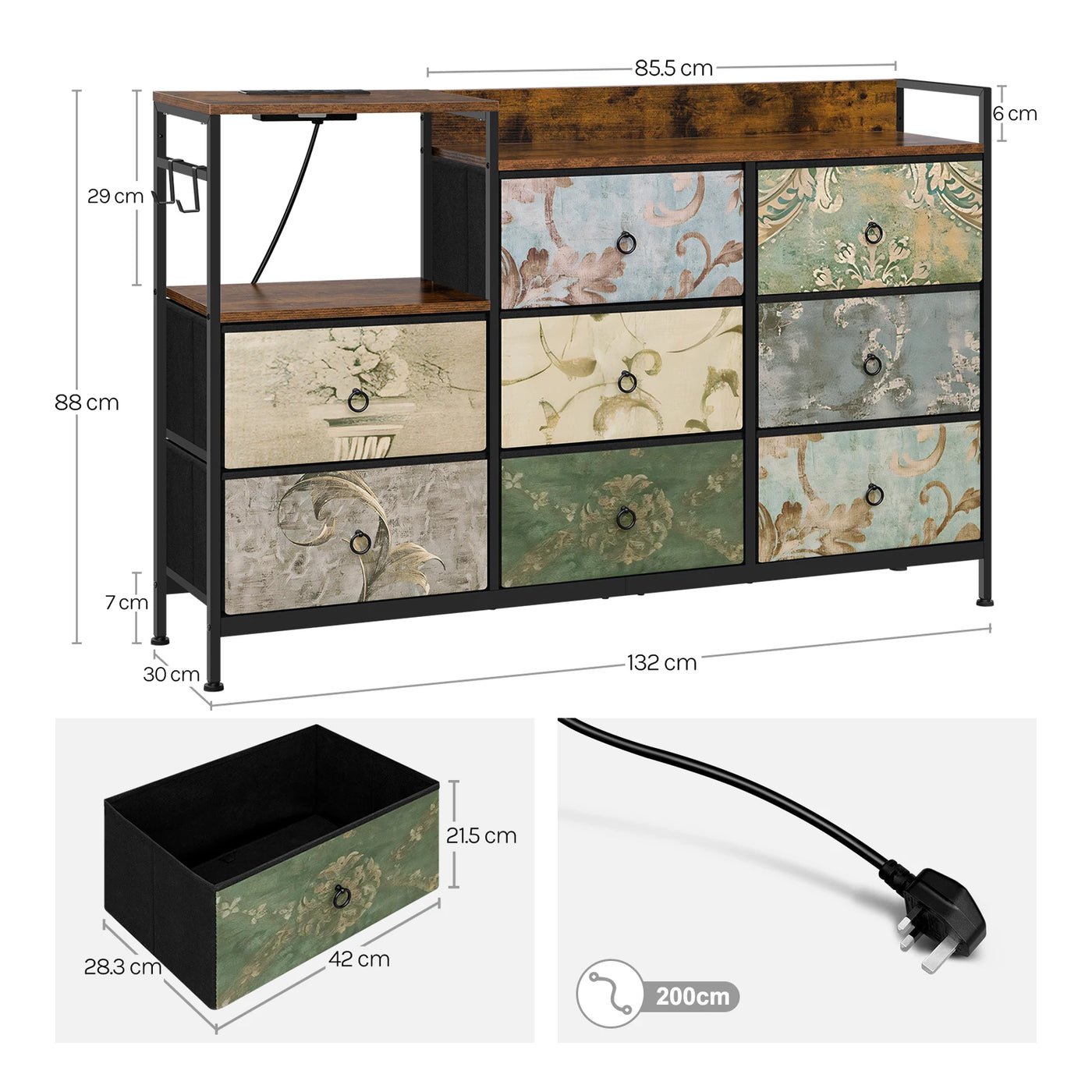 Chest of Drawers with 8 Fabric Drawer Sideboard Storage Cabinet for Kitchen Office with Charging Sockets Steel Frame 132x88x30cm