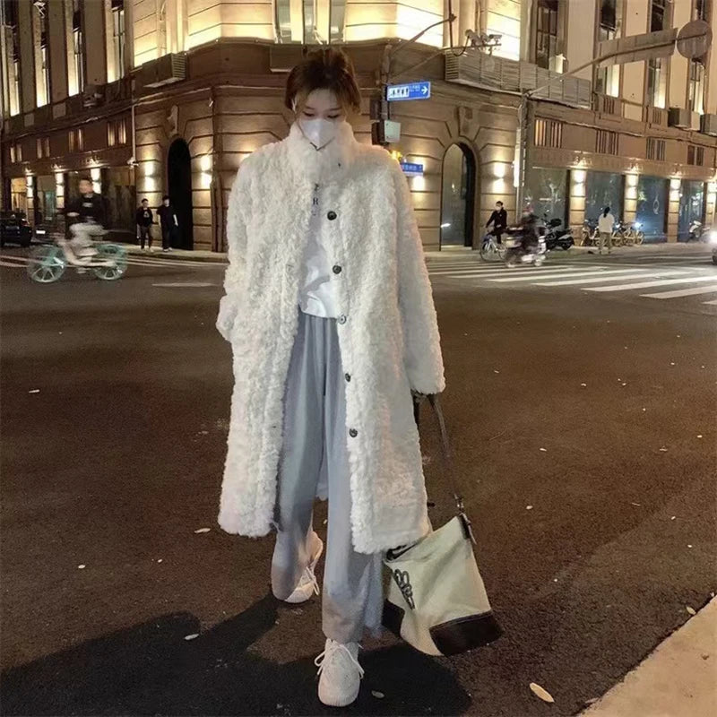 Lamb Wool Long Jackets Women Winter Warm Stand Collar Loose Fur Outerwear Y2K Korean Fashion Long Sleeve All Match Fake Fur Coat