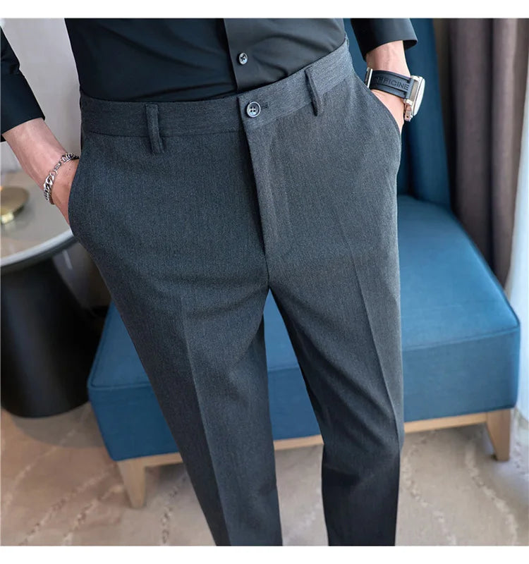High End Elastic Waistband Suit Pants for Men Embroidered Business Casual Pants Solid Colror Versatile Social Office Trousers
