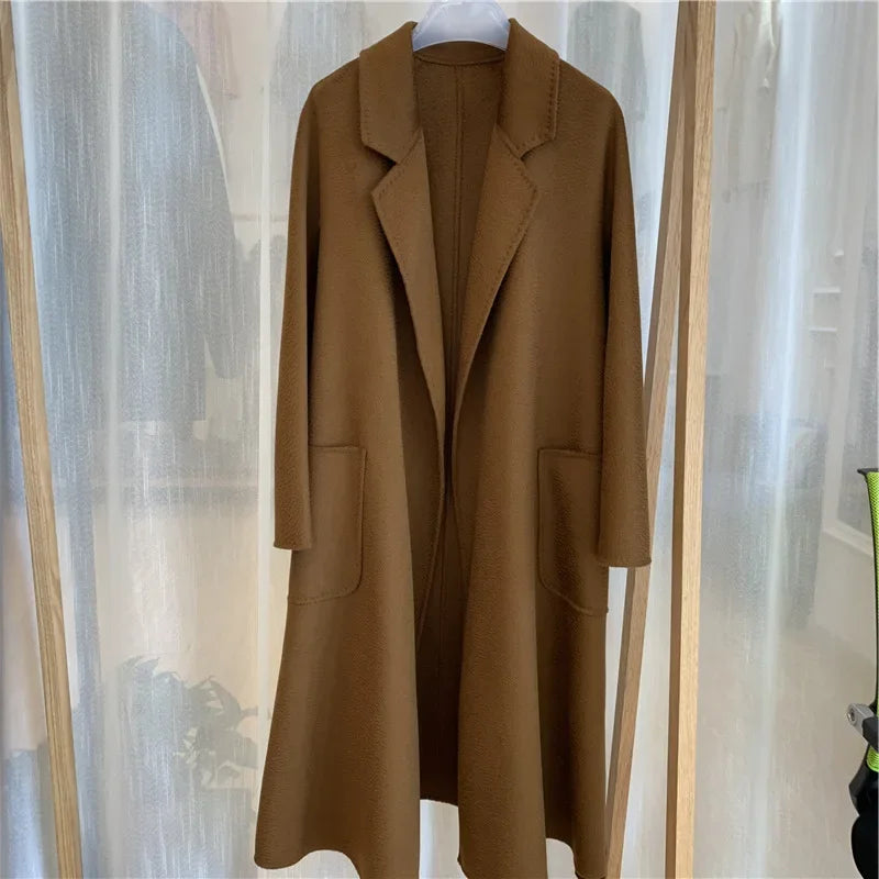 2024 Winter Jacket Women Water Wave Pattern Cashmere Coat Long High-end Double-sided Wool Blends Luxury Outerwear Streetwear