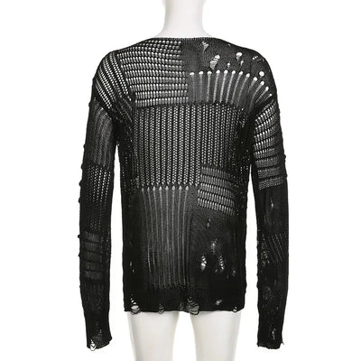 Women's Vintage Gothic Hollow Knit Sweater with Ripped Holes Grunge Y2K Style Thin Long Sleeve Loose Fit Summer Top in Black