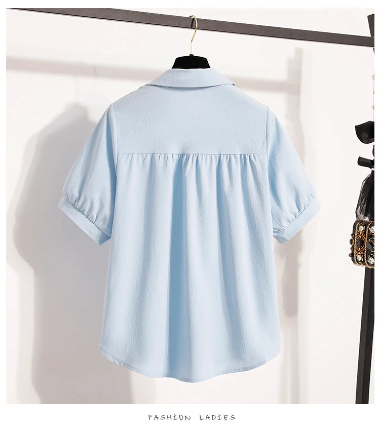 Plus Size Polo Shirt Women Summer 2025 New Korean Style Large Size Loose Chiffon Blouse Women Slim Waist Casual Tops Female