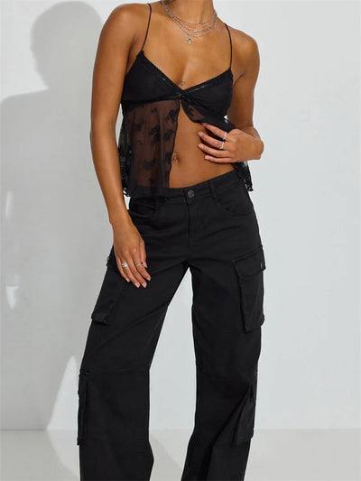 Women's Sleeveless V Neck Floral Embroidery Mesh Camisole Lace Trim Tank Tops Summer Cami Tops