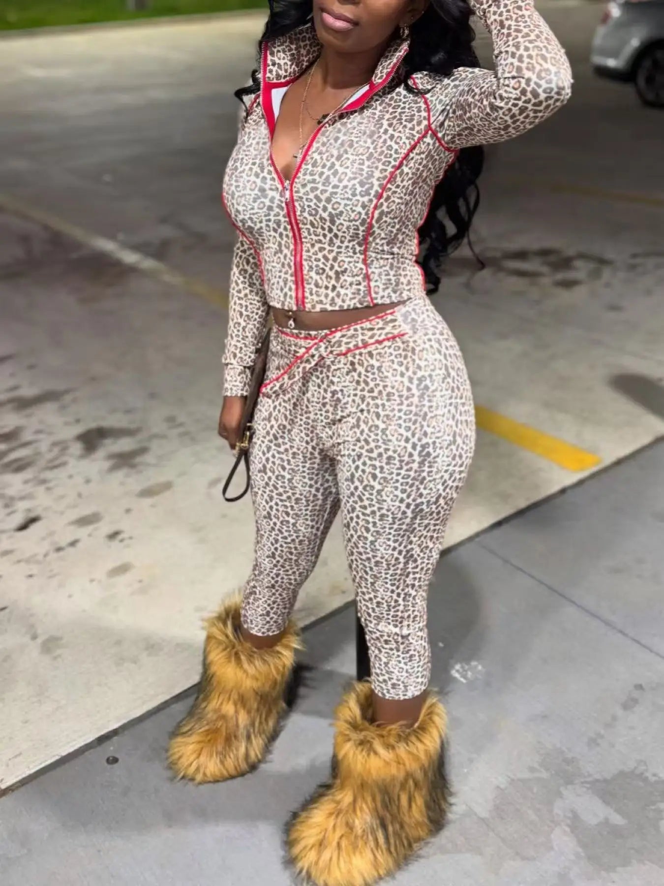 Weird Puss Leopard Print 2 Piece Set Women Tracksuit Casual Crop Jacket+Metal Sash Leggings Street Matching Club Stretch Outfits