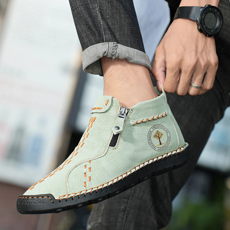 Handmade Leather Casual Shoes For Men Sneakers Men Flat Footwear Zipper Leather Boots Men Ankle Plus Size 39-48