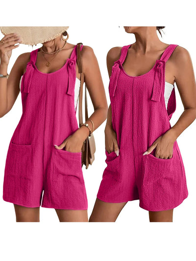 2025 Summer Women's Jumpsuit Overalls Short Loose Sleeveless Wide Leg Overall Solid Casual Romper with Pockets