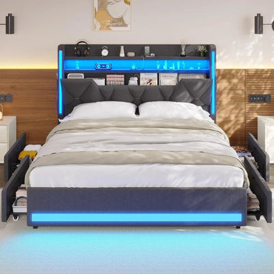 Full Size Bed Frame with Headboard and Openable Storage,Upholstered Platform Bed with 4 Drawers,Metal Bed Frame with