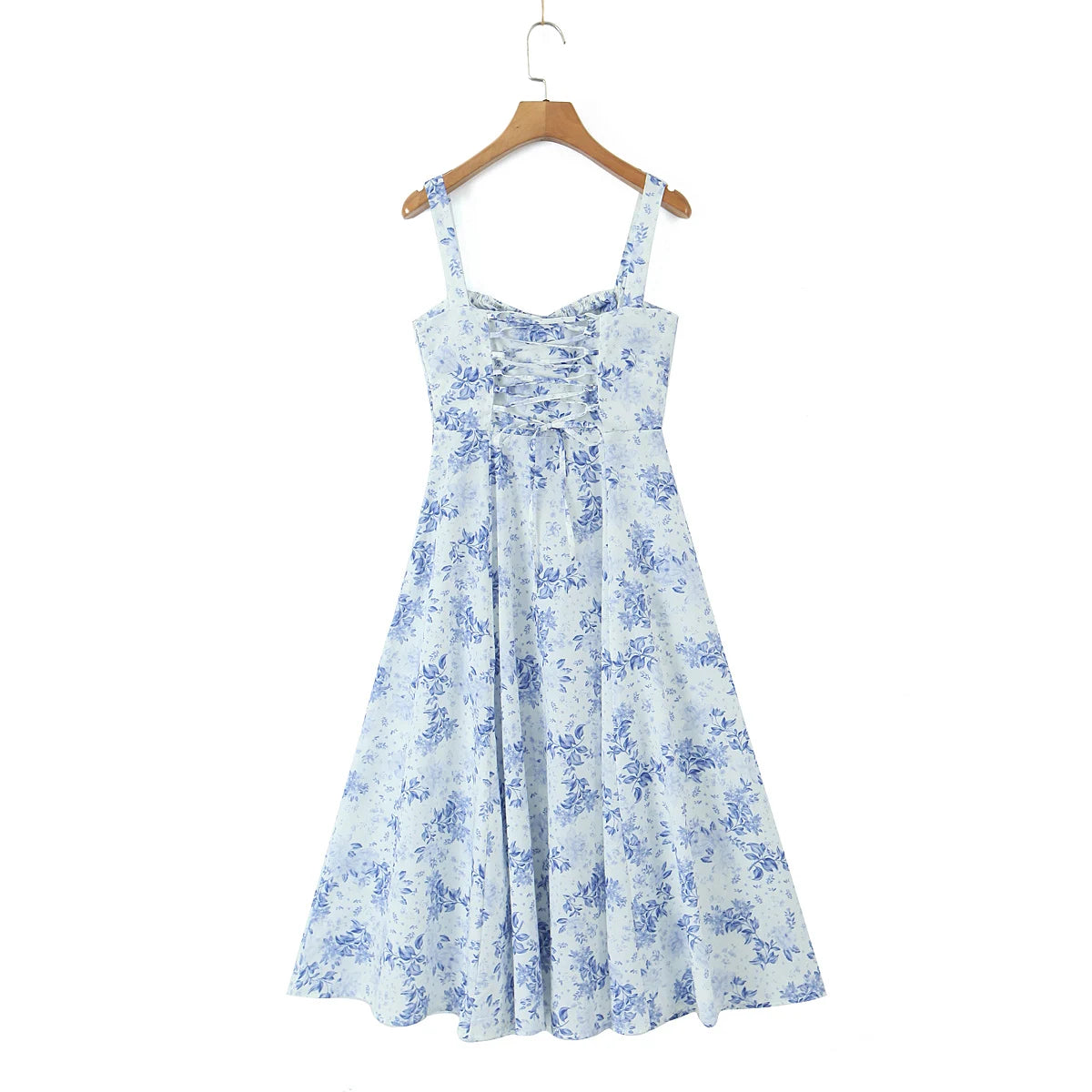 2023 Sexy Ruched Chest Blue White Flower Print Corset Style Sling Dress Cross Lacing up Bandage Back Hem Slit A-Lined Midi Robe