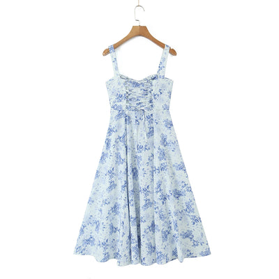 2023 Sexy Ruched Chest Blue White Flower Print Corset Style Sling Dress Cross Lacing up Bandage Back Hem Slit A-Lined Midi Robe