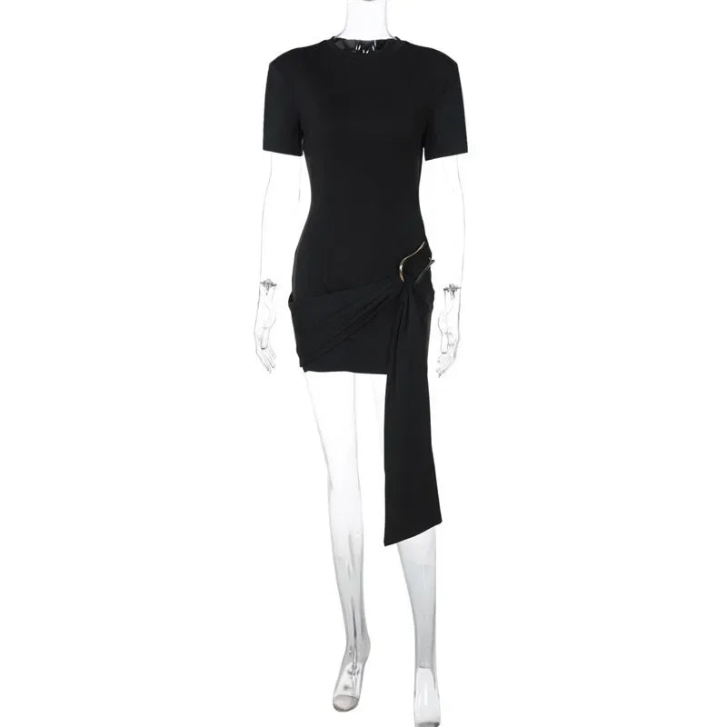 Chaxiaoa Short Sleeve Draped Sexy Mini Dress for Women Black Metal Buckle O Neck High Waist Bodycon Club Dress Vestido Clothes