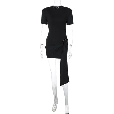 Chaxiaoa Short Sleeve Draped Sexy Mini Dress for Women Black Metal Buckle O Neck High Waist Bodycon Club Dress Vestido Clothes