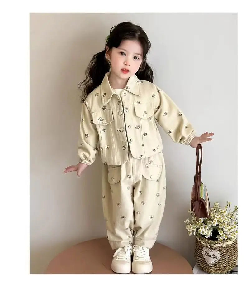 Girls Coat and Pants Two Piece Set 2025 Spring and Autumn New Korean Fashion Floral Casual Coat and Pants Two Piece Set Trend