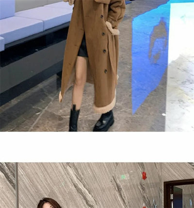 2024 Autumn Winter New Medium Long Double-breasted Lambswool Suede Woolen Coat Women Add Velvet Padded Warm Fur One Woolen Coats