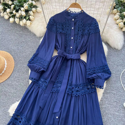 Elegant Long Maxi Hollow Out Dress Shirt Women Summer Autumn Palace Retro Pearl Button Embroidery Crochet Evening Party Vestidos