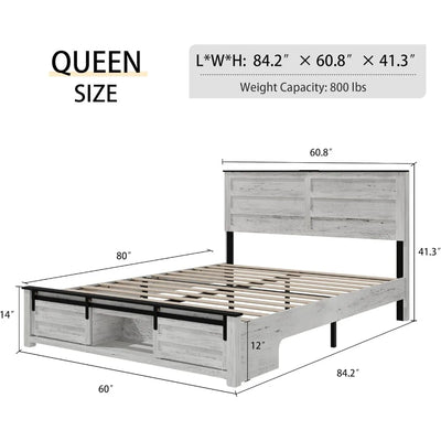 Wooden Queen Size Bed Frame with Headboard, Boho White Farmhouse Storage Bedframe with Sliding Barn Door Footboard and Charging