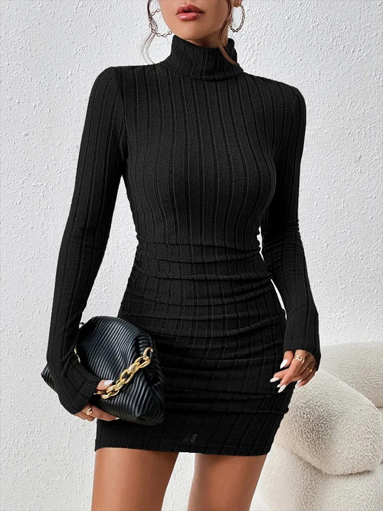 Autumn Black Mini Dress For Women Solid Long Sleeves Turtleneck Sexy Bodycon Sheath Dress Club Elegant Party Dresses Pullover
