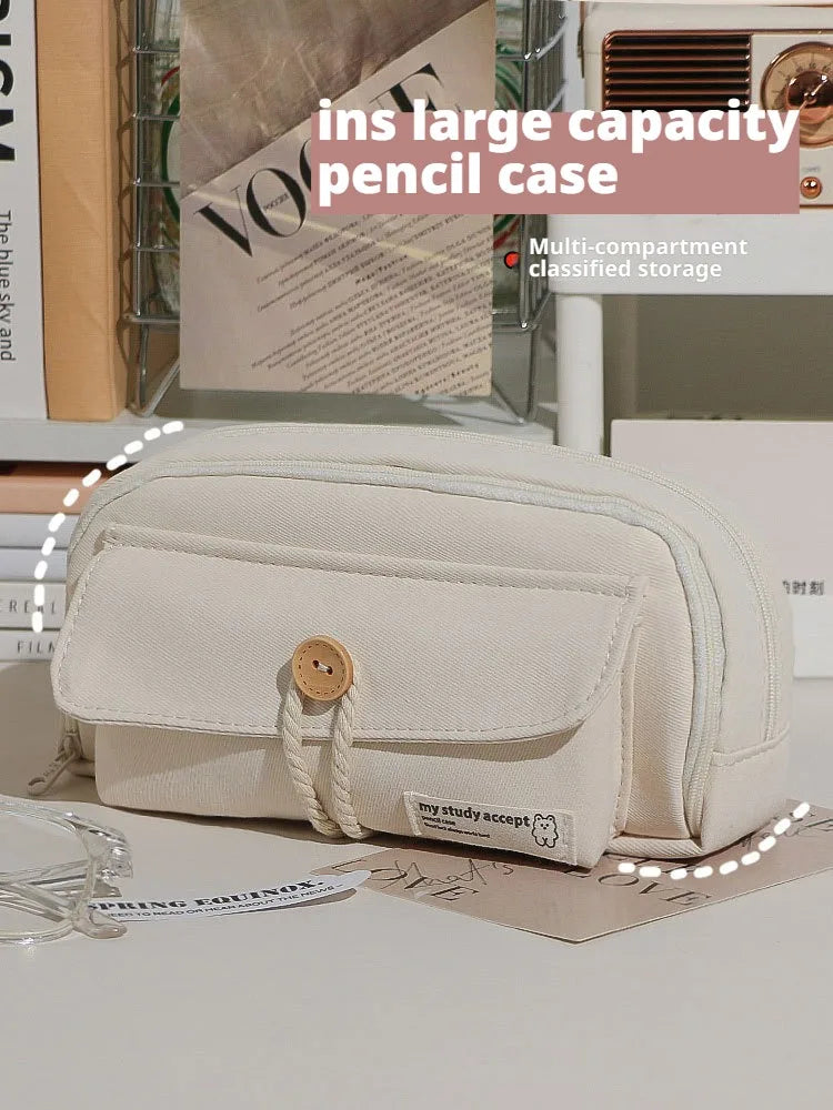 Cute And Convenient Canvas Pencil Case Large Opening Capacity for Student Supplies Cosmetics Travel Handbag 1pc