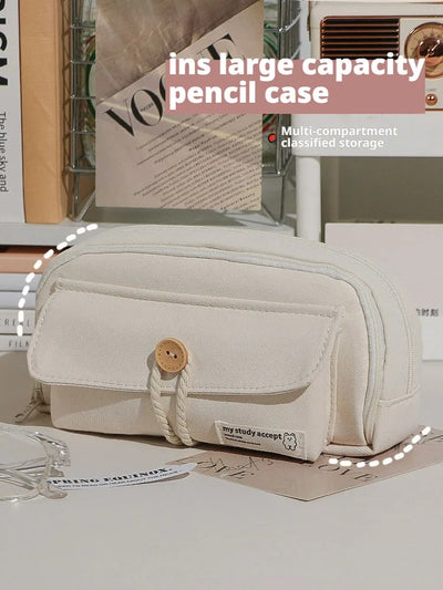 Cute And Convenient Canvas Pencil Case Large Opening Capacity for Student Supplies Cosmetics Travel Handbag 1pc