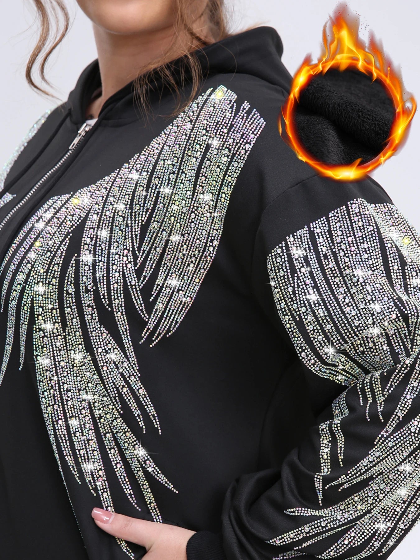 Plus Size Zip Up Women Hoodies Fleece Rhinestones Graphic Jacket Warm Soft and Thick for Winter Hooded Sweatshirt Relaxed Fit