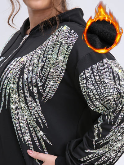Plus Size Zip Up Women Hoodies Fleece Rhinestones Graphic Jacket Warm Soft and Thick for Winter Hooded Sweatshirt Relaxed Fit