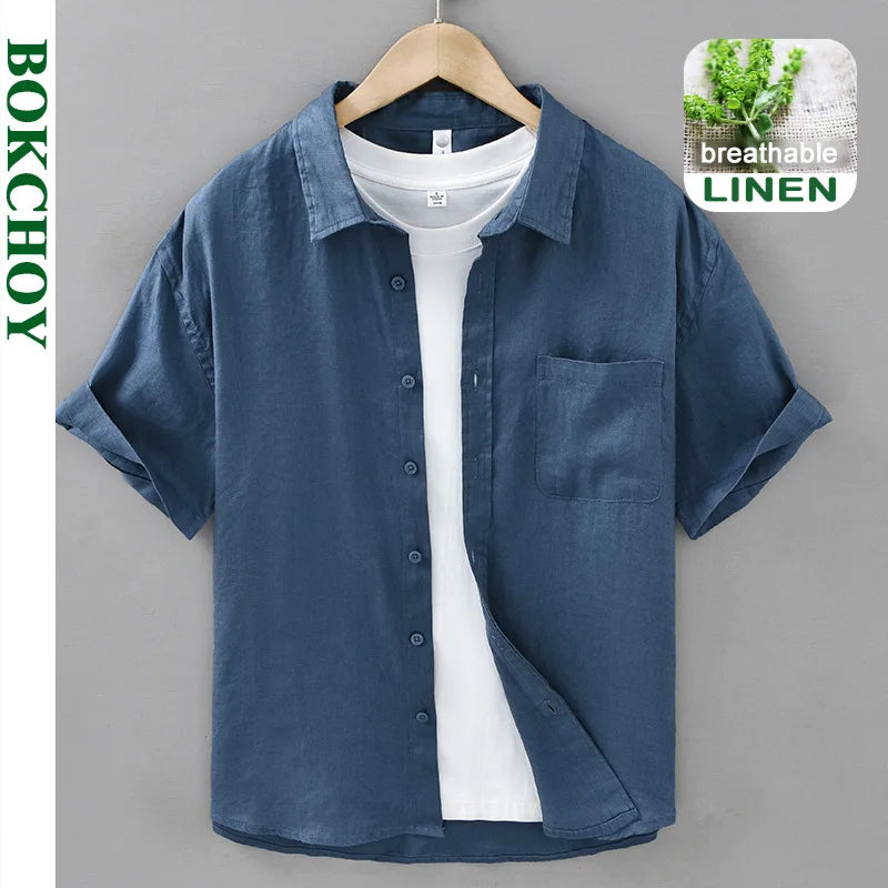 2025 Summer New Breathable Thin 100% Linen Short Sleeve Shirt for Men Casual Turn-down Collar Classic Shirt DC927