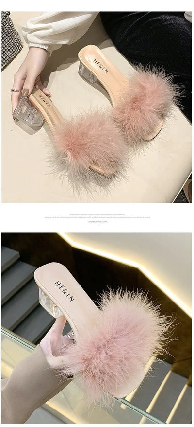 Mules Sandal Women Summer Outdoor Fashion Slippers Square Toe High Heels Office Ladies Feather Slides Chic Classics Furry Shoes