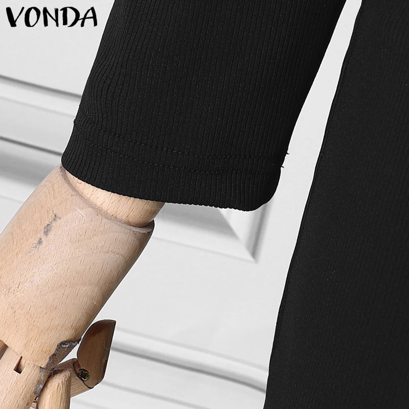 Plus Size 5XL VONDA 2025 Women Knitted Dress Sexy Long Sleeve Split Long Dress Lapel Collar Sundress Casual Robe Solid Vestidos