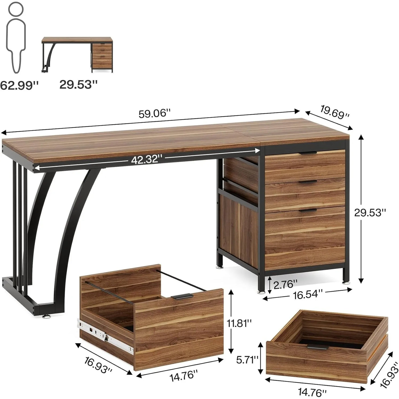 Vanity Desk with 3 Drawers, 59-Inch Large Dressing Table with Reversible Drawers, Chic Makeup Desk(Rustic Brown) (Only Desk)