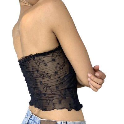 Xingqing y2k Off Shoulder Top Women Fairy Grunge Clothes Summer Sleeveless Lace Trim Patchwork Strapless Tshirt 2000s Streetwear