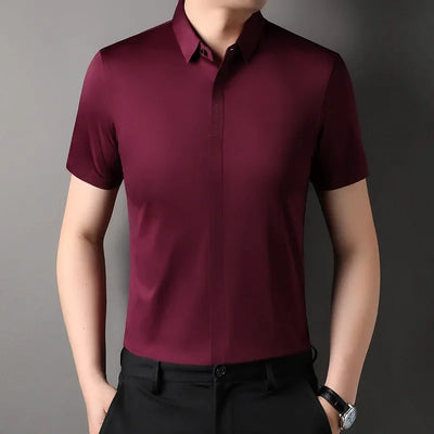 Summer New High-grade Hidden Button Men's Light Luxury Short Sleeve Shirts Men High Elastic Business Anti-wrinkle Ice Silk Shirt
