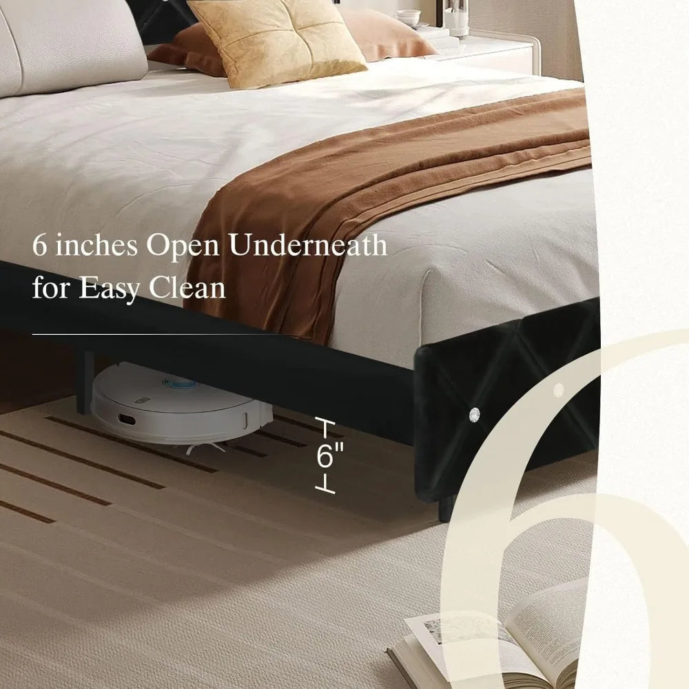 Queen Bed Frame with Headboard, Velvet Upholstered Bed with Wingback and Diamond Tufted Design, Wood Slat Support, No Box