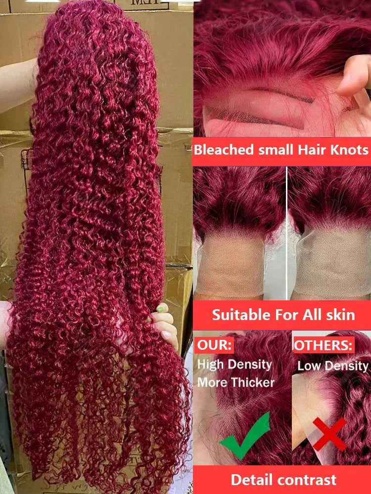 Curly 99J Burgundy 30 Inch Deep Wave 13x4 Lace Front Wig Wet And Wavy Red Colored wigs HD Lace Frontal 100% Human Hair Wigs
