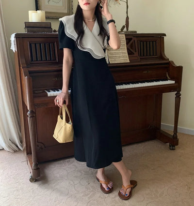 Women Summer Vintage Long Wrapped Dress 2024 New Female Double Layer Ruffled Collar Lacing Up Slim Waist Sundress