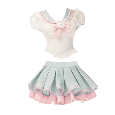 Y2k Sweet Style Skirt Set Bow Tie Peter Pan Collar Top High-Waist Puffy Skirt 2 Piece Set Summer Preppy JK Sailor Uniform Outfit