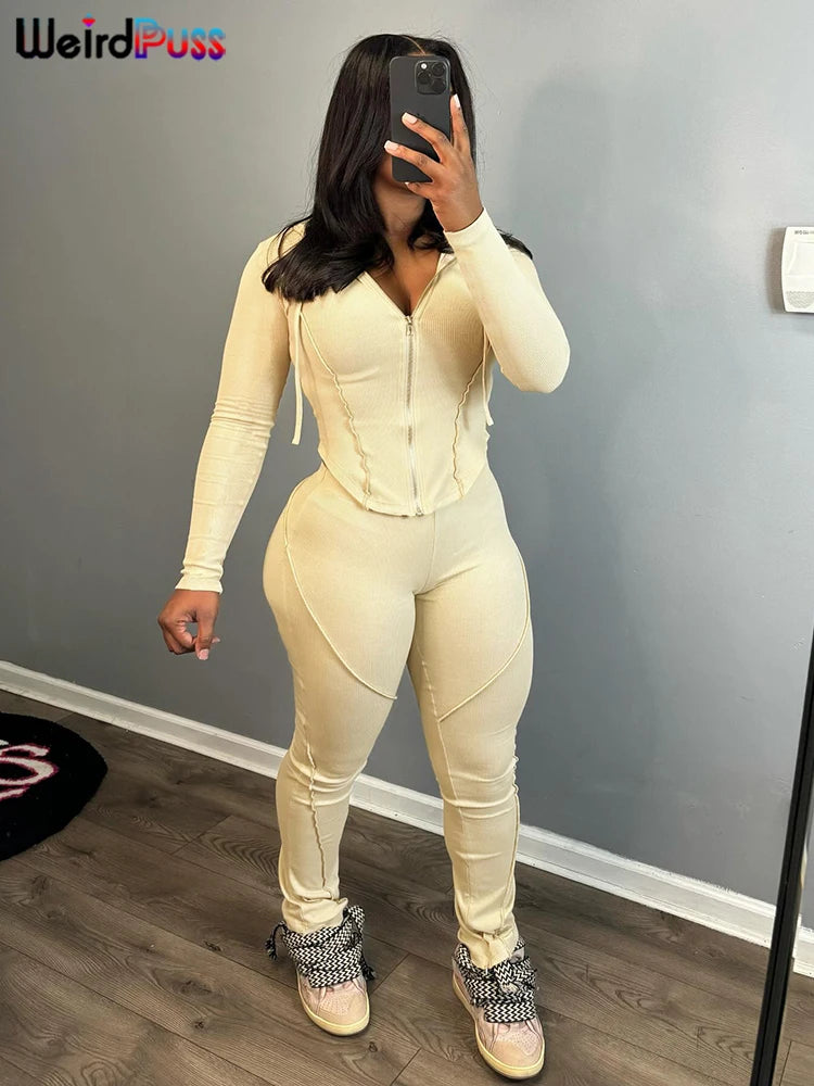Weird Puss Sporty Stretch Women Tracksuit 2Piece Set Full Sleeve Patchwork Hooded Zip Jacket+Pants Matching Casual Street Suits
