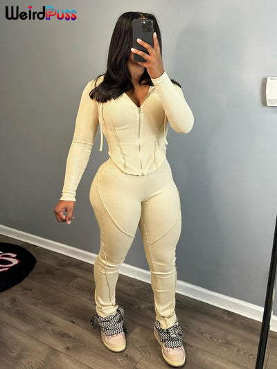 Weird Puss Sporty Stretch Women Tracksuit 2Piece Set Full Sleeve Patchwork Hooded Zip Jacket+Pants Matching Casual Street Suits