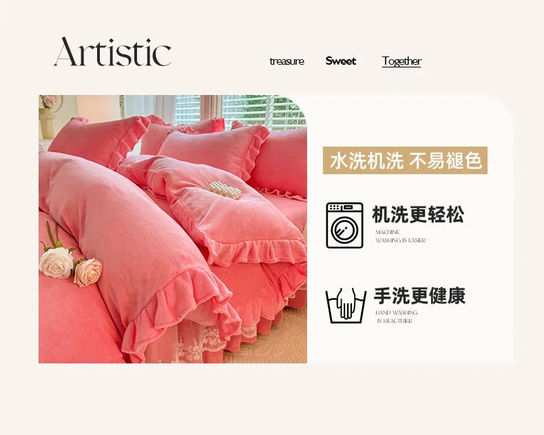 2024 hot solid color Korean version lace bed skirt kit flannel quilt cover thickened warm four-piece set