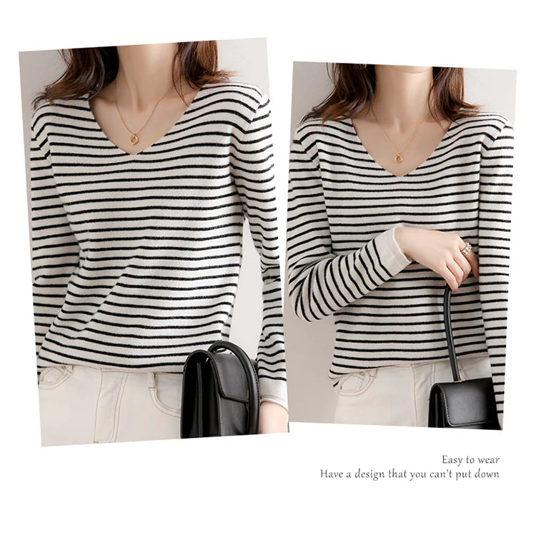 New Striped V-neck Sweater Women's All-Match Loose Sweater Fall Winter Fashion Bottoming Shirt Inner Wear Blouse